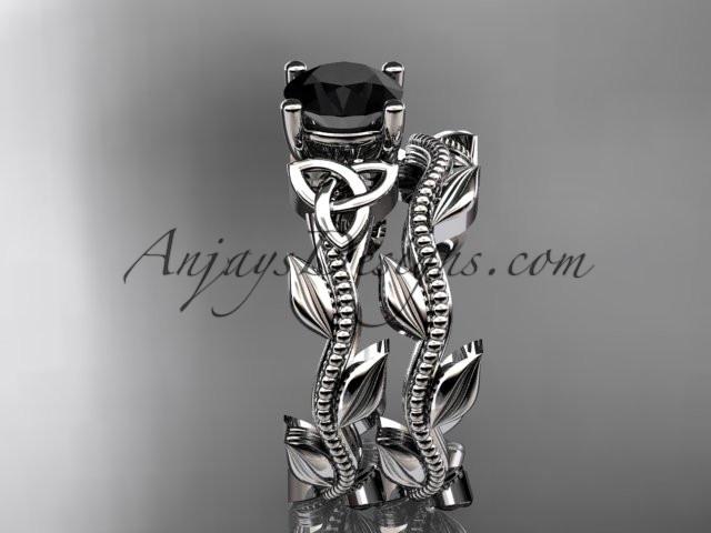 14kt white gold diamond celtic trinity knot wedding ring, engagement set with a Black Diamond center stone CT7238S - AnjaysDesigns