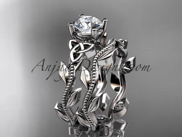 14kt white gold diamond celtic trinity knot wedding ring, engagement set with a "Forever One" Moissanite center stone CT7238S - AnjaysDesigns