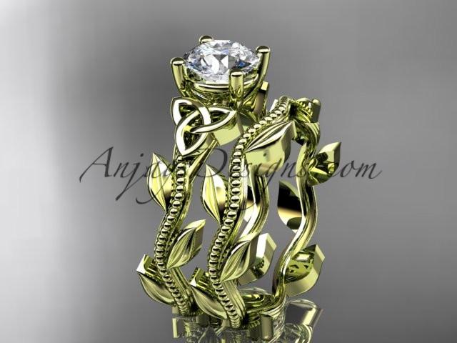 14kt yellow gold diamond celtic trinity knot wedding ring, engagement set with a "Forever One" Moissanite center stone CT7238S - AnjaysDesigns