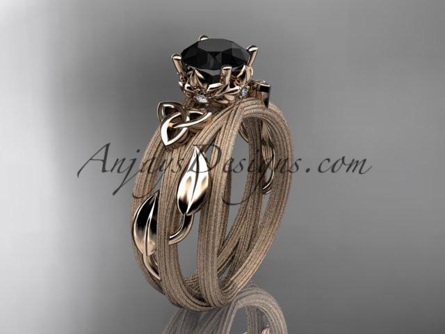 14kt rose gold diamond celtic trinity knot wedding ring, engagement ring with a Black Diamond center stone CT7253 - AnjaysDesigns