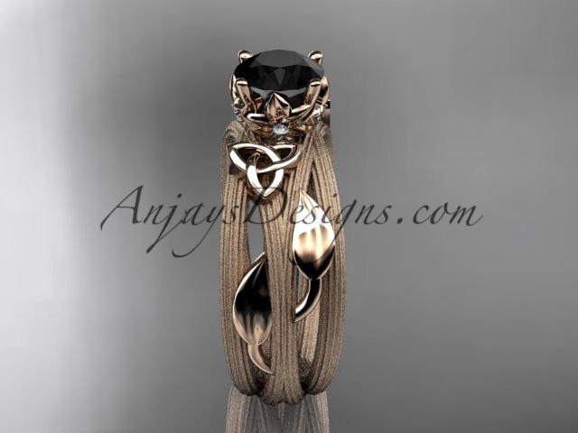 14kt rose gold diamond celtic trinity knot wedding ring, engagement ring with a Black Diamond center stone CT7253 - AnjaysDesigns