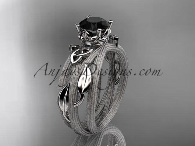 14kt white gold diamond celtic trinity knot wedding ring, engagement ring with a Black Diamond center stone CT7253 - AnjaysDesigns