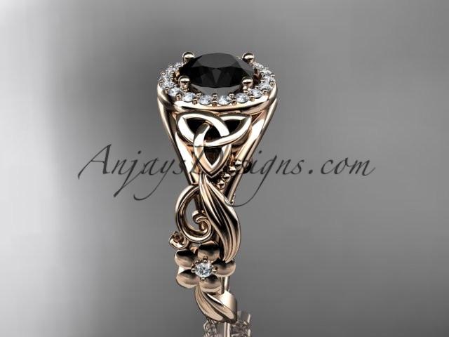 14kt rose gold diamond celtic trinity knot wedding ring, engagement ring with a Black Diamond center stone CT7300 - AnjaysDesigns