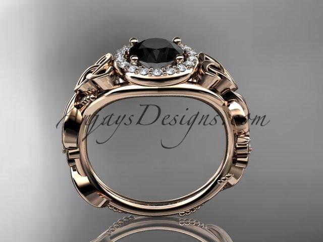 14kt rose gold diamond celtic trinity knot wedding ring, engagement ring with a Black Diamond center stone CT7300 - AnjaysDesigns