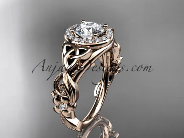 14kt rose gold diamond celtic trinity knot wedding ring, engagement ring with a "Forever One" Moissanite center stone CT7300 - AnjaysDesigns