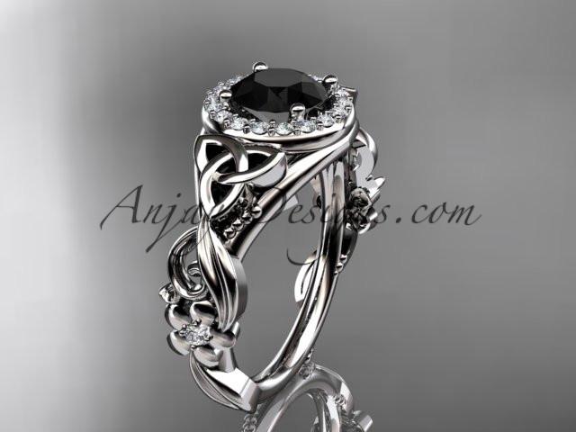 14kt white gold diamond celtic trinity knot wedding ring, engagement ring with a Black Diamond center stone CT7300 - AnjaysDesigns