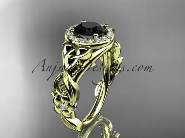 14kt yellow gold diamond celtic trinity knot wedding ring, engagement ring with a Black Diamond center stone CT7300 - AnjaysDesigns