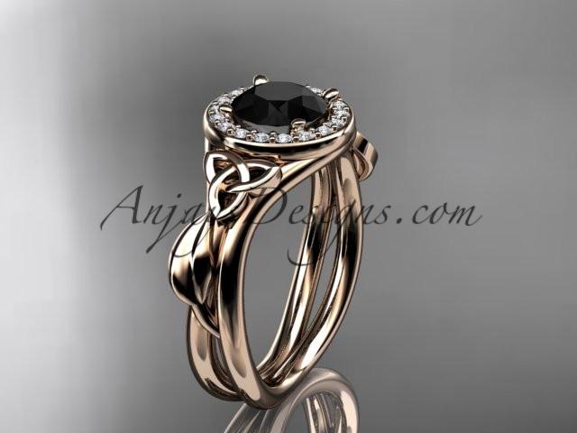 14kt rose gold diamond celtic trinity knot wedding ring, engagement ring with a Black Diamond center stone CT7314 - AnjaysDesigns