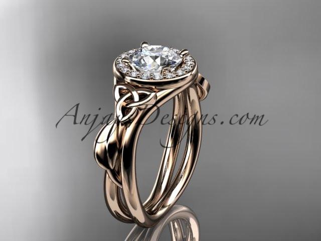 14kt rose gold diamond celtic trinity knot wedding ring, engagement ring with a "Forever One" Moissanite center stone CT7314 - AnjaysDesigns