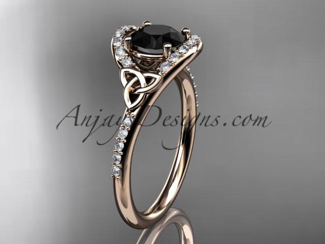 14kt rose gold diamond celtic trinity knot wedding ring, engagement ring with a Black Diamond center stone CT7317 - AnjaysDesigns