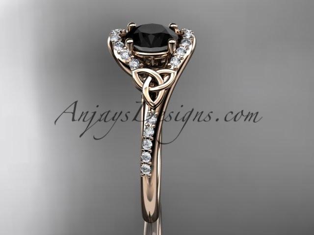 14kt rose gold diamond celtic trinity knot wedding ring, engagement ring with a Black Diamond center stone CT7317 - AnjaysDesigns
