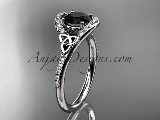 14kt white gold diamond celtic trinity knot wedding ring, engagement ring with a Black Diamond center stone CT7317 - AnjaysDesigns