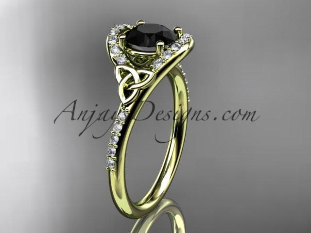 14kt yellow gold diamond celtic trinity knot wedding ring, engagement ring with a Black Diamond center stone CT7317 - AnjaysDesigns