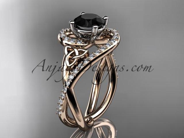 14kt rose gold diamond celtic trinity knot wedding ring, engagement ring with a Black Diamond center stone CT7320 - AnjaysDesigns