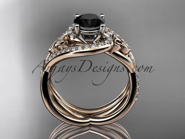 14kt rose gold diamond celtic trinity knot wedding ring, engagement set with a Black Diamond center stone CT7320S - AnjaysDesigns