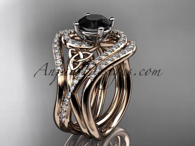 14kt rose gold diamond celtic trinity knot wedding ring, engagement ring with a Black Diamond center stone and double matching band CT7320S - AnjaysDesigns