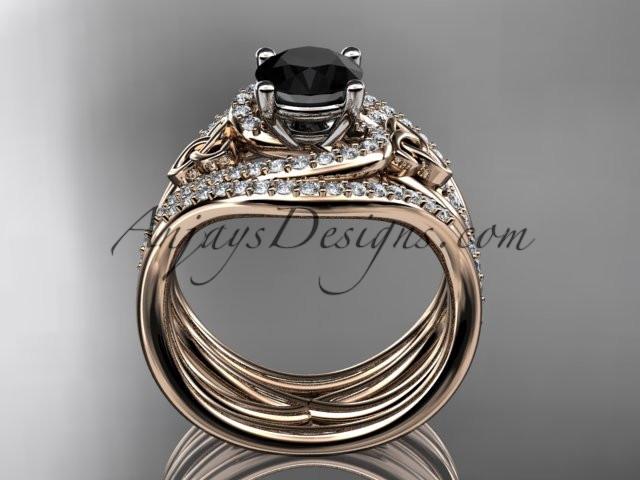 14kt rose gold diamond celtic trinity knot wedding ring, engagement ring with a Black Diamond center stone and double matching band CT7320S - AnjaysDesigns