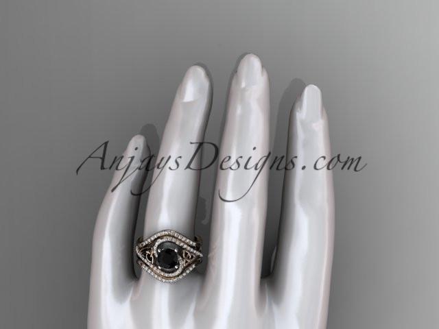 14kt rose gold diamond celtic trinity knot wedding ring, engagement ring with a Black Diamond center stone and double matching band CT7320S - AnjaysDesigns
