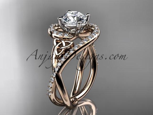 14kt rose gold diamond celtic trinity knot wedding ring, engagement ring with a "Forever One" Moissanite center stone CT7320 - AnjaysDesigns