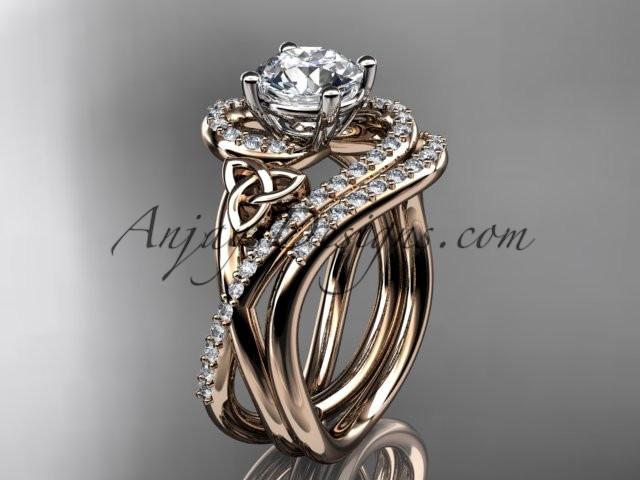 14kt rose gold diamond celtic trinity knot wedding ring, engagement set with a "Forever One" Moissanite center stone CT7320S - AnjaysDesigns