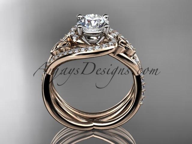 14kt rose gold diamond celtic trinity knot wedding ring, engagement set with a "Forever One" Moissanite center stone CT7320S - AnjaysDesigns