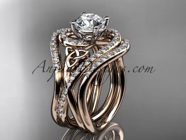 14kt rose gold diamond celtic trinity knot wedding ring, engagement ring with double matching band CT7320S - AnjaysDesigns