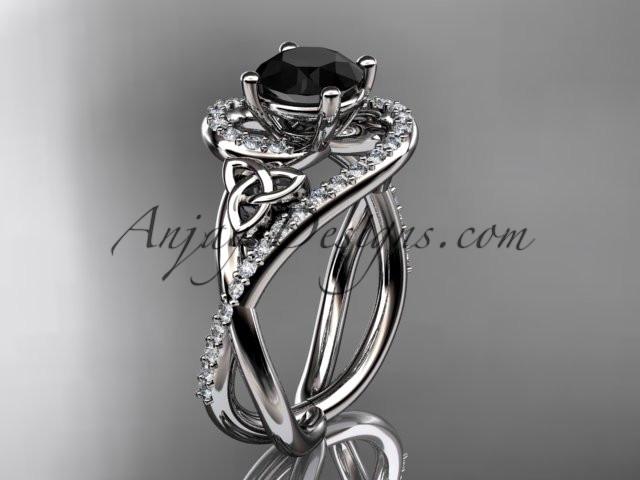 14kt white gold diamond celtic trinity knot wedding ring, engagement ring with a Black Diamond center stone CT7320 - AnjaysDesigns