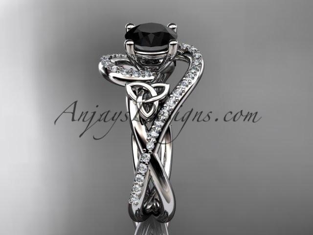 14kt white gold diamond celtic trinity knot wedding ring, engagement ring with a Black Diamond center stone CT7320 - AnjaysDesigns