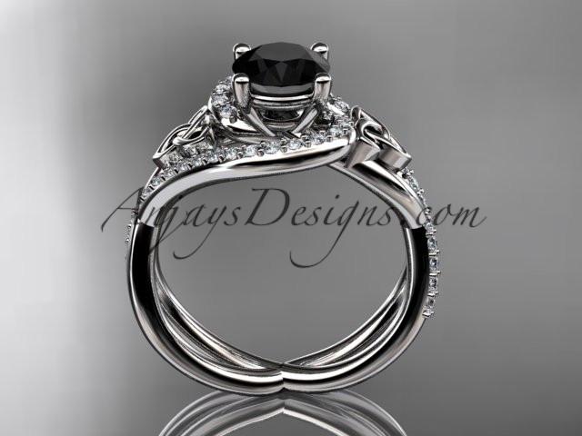 14kt white gold diamond celtic trinity knot wedding ring, engagement ring with a Black Diamond center stone CT7320 - AnjaysDesigns