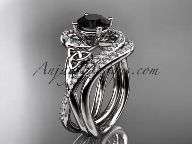14kt white gold diamond celtic trinity knot wedding ring, engagement set with a Black Diamond center stone CT7320S - AnjaysDesigns