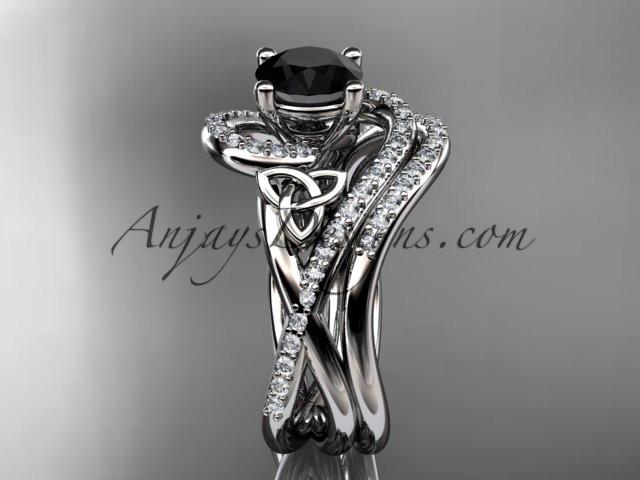14kt white gold diamond celtic trinity knot wedding ring, engagement set with a Black Diamond center stone CT7320S - AnjaysDesigns