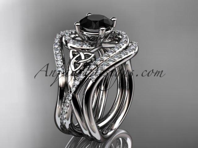 14kt white gold diamond celtic trinity knot wedding ring, engagement ring with a Black Diamond center stone and double matching band CT7320S - AnjaysDesigns