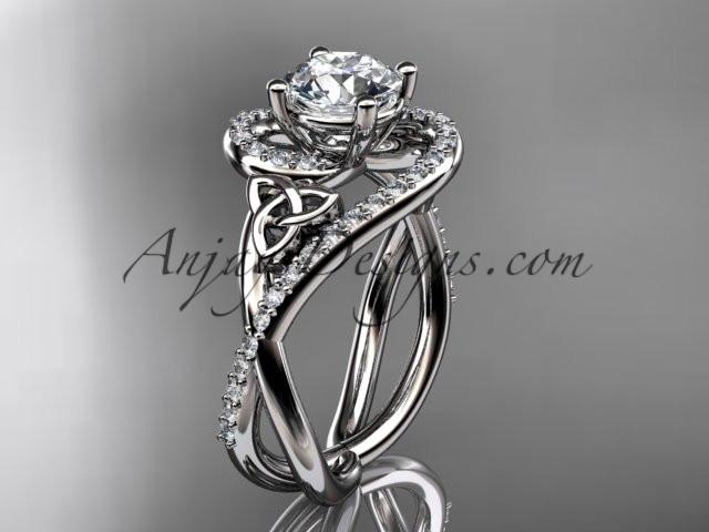 14kt white gold diamond celtic trinity knot wedding ring, engagement ring with a "Forever One" Moissanite center stone CT7320 - AnjaysDesigns