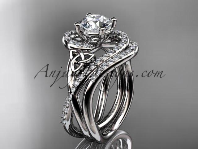 platinum diamond celtic trinity knot wedding ring, engagement set with a "Forever One" Moissanite center stone CT7320S - AnjaysDesigns