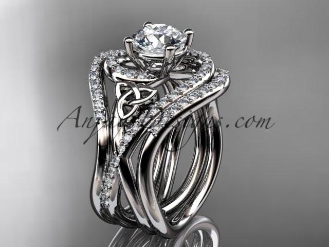 14kt white gold diamond celtic trinity knot wedding ring, engagement ring with a "Forever One" Moissanite center stone and double matching band CT7320S - AnjaysDesigns