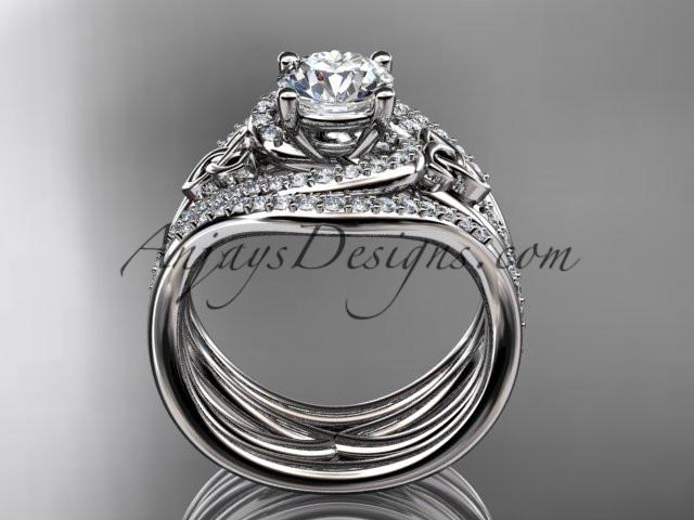 14kt white gold diamond celtic trinity knot wedding ring, engagement ring with a "Forever One" Moissanite center stone and double matching band CT7320S - AnjaysDesigns