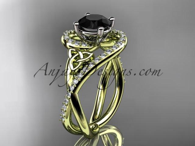 14kt yellow gold diamond celtic trinity knot wedding ring, engagement ring with a Black Diamond center stone CT7320 - AnjaysDesigns