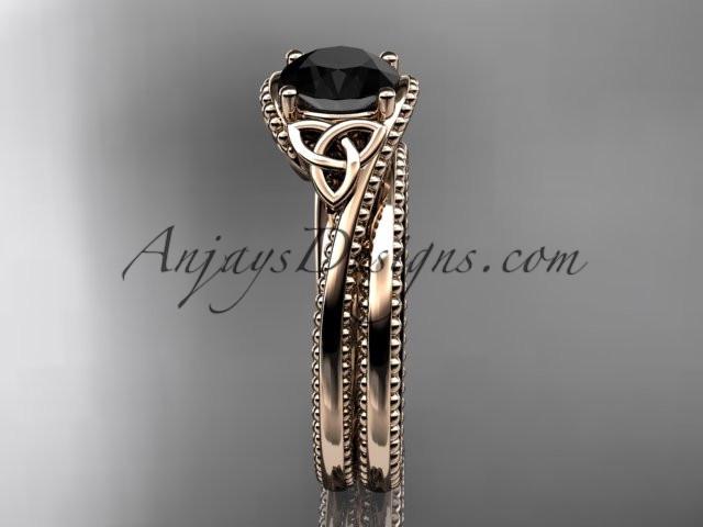 14kt rose gold celtic trinity knot wedding ring, engagement set with a Black Diamond center stone CT7322S - AnjaysDesigns