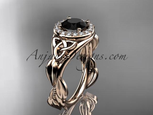 14kt rose gold diamond celtic trinity knot wedding ring, engagement ring with a Black Diamond center stone CT7327 - AnjaysDesigns