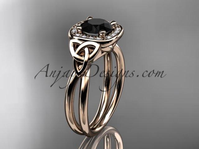 14kt rose gold diamond celtic trinity knot wedding ring, engagement ring with a Black Diamond center stone CT7330 - AnjaysDesigns