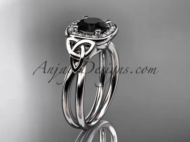 14kt white gold diamond celtic trinity knot wedding ring, engagement ring with a Black Diamond center stone CT7330 - AnjaysDesigns