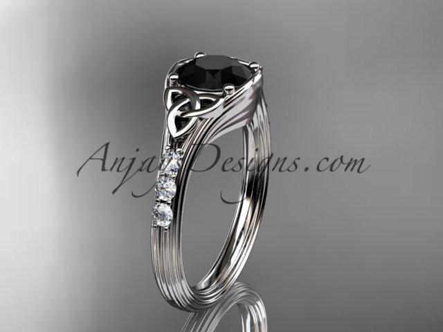 14kt white gold diamond celtic trinity knot wedding ring, engagement ring with a Black Diamond center stone CT7333 - AnjaysDesigns