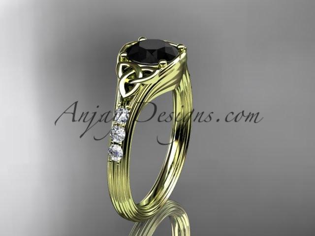 14kt yellow gold diamond celtic trinity knot wedding ring, engagement ring with a Black Diamond center stone CT7333 - AnjaysDesigns
