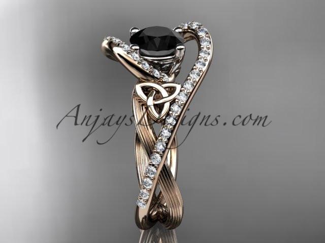 14kt rose gold diamond celtic trinity knot wedding ring, engagement ring with a Black Diamond center stone CT7369 - AnjaysDesigns