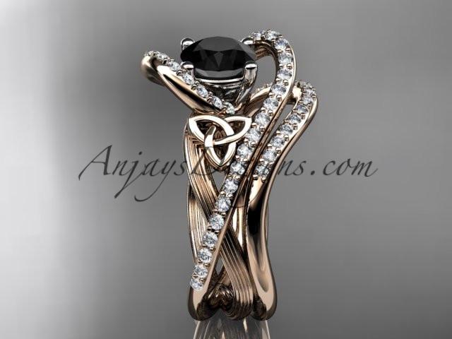 14kt rose gold diamond celtic trinity knot wedding ring, engagement set with a Black Diamond center stone CT7369S - AnjaysDesigns