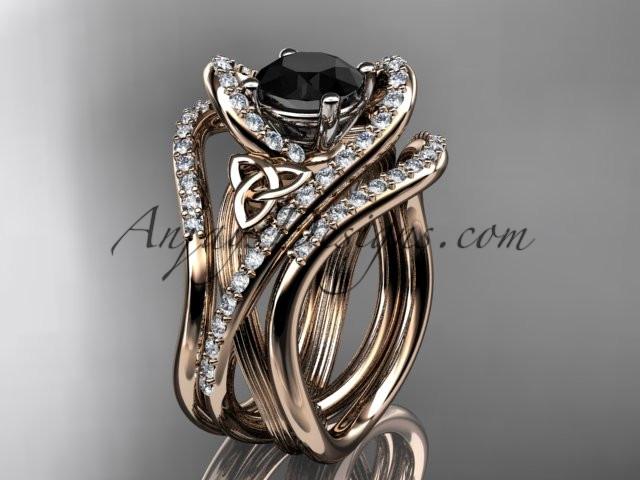 14kt rose gold diamond celtic trinity knot wedding ring, engagement ring with a Black Diamond center stone and double matching band  CT7369S - AnjaysDesigns