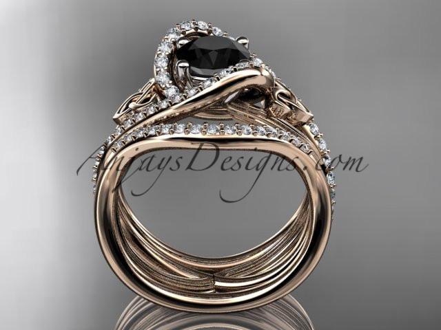 14kt rose gold diamond celtic trinity knot wedding ring, engagement ring with a Black Diamond center stone and double matching band  CT7369S - AnjaysDesigns