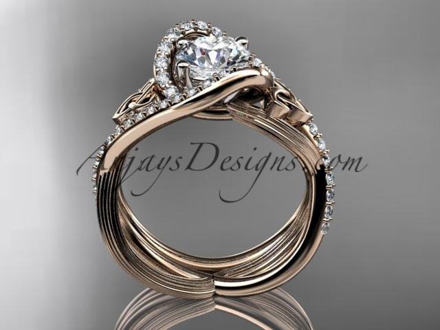14kt rose gold diamond celtic trinity knot wedding ring, engagement set with a "Forever One" Moissanite center stone CT7369S - AnjaysDesigns