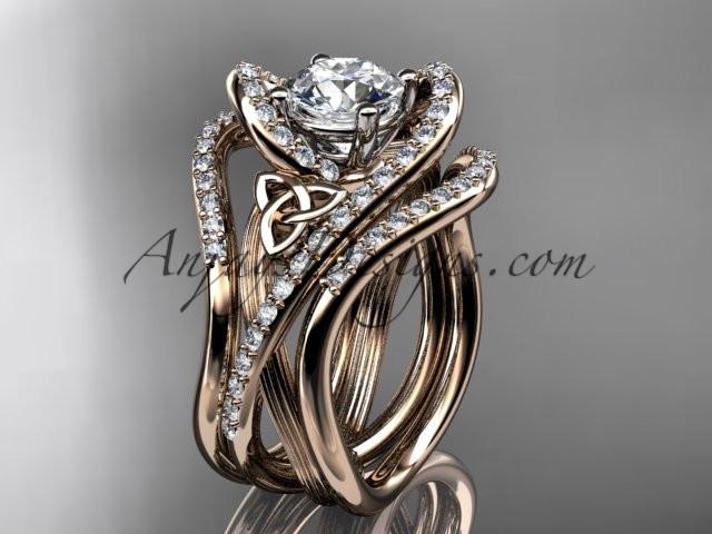 14kt rose gold diamond celtic trinity knot wedding ring, engagement ring with double matching band  CT7369S - AnjaysDesigns