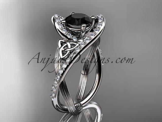 14kt white gold diamond celtic trinity knot wedding ring, engagement ring with a Black Diamond center stone CT7369 - AnjaysDesigns